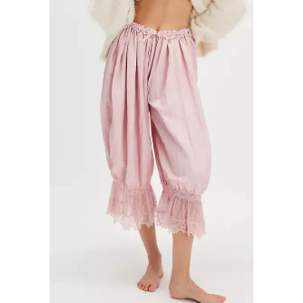 Women's Floral Lace Loose Fit Cropped Pants - High Waist Drawstring Calf-Length Lantern Bloomers