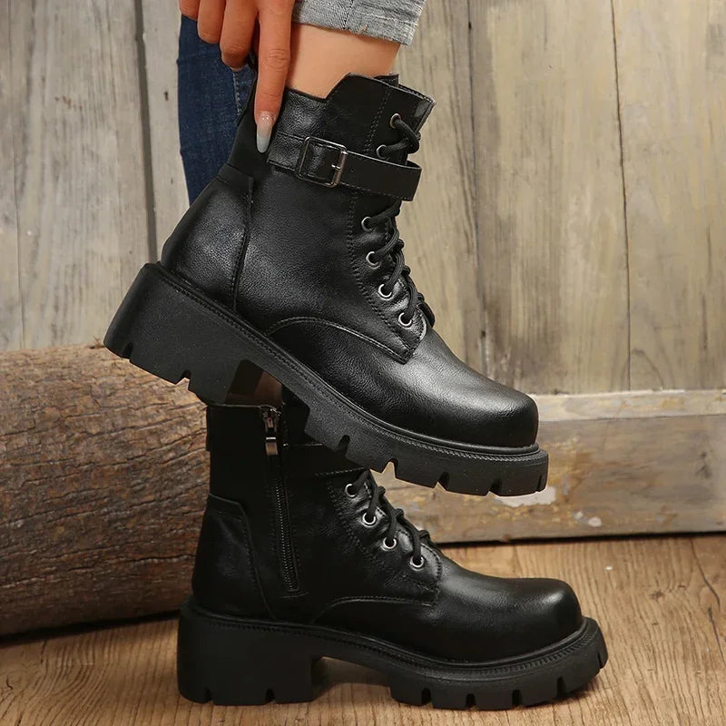 Women’s Chunky Heel Belt Buckle Boots with Lace-Up Design