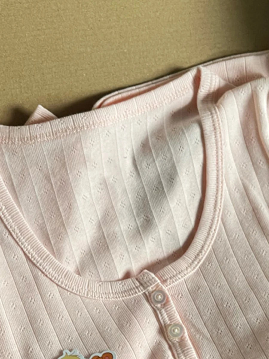 Women's Hollow Out Long Sleeve Round Neck Button-Up Slim Fit Cotton Sweater