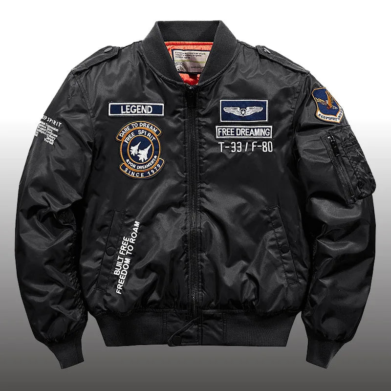 Black bomber jacket with patches and text on a white background