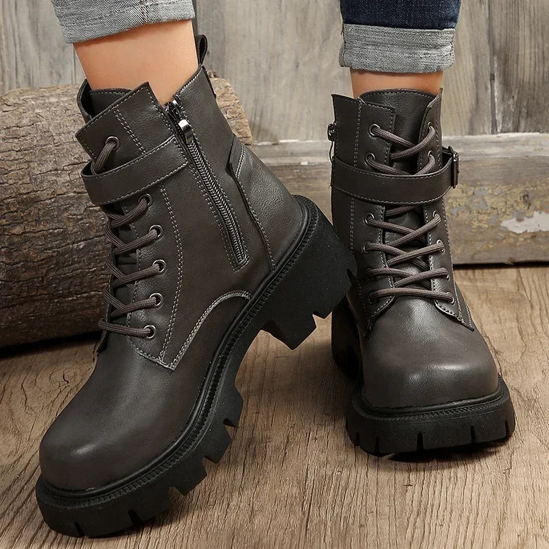 Women’s Chunky Heel Belt Buckle Boots with Lace-Up Design