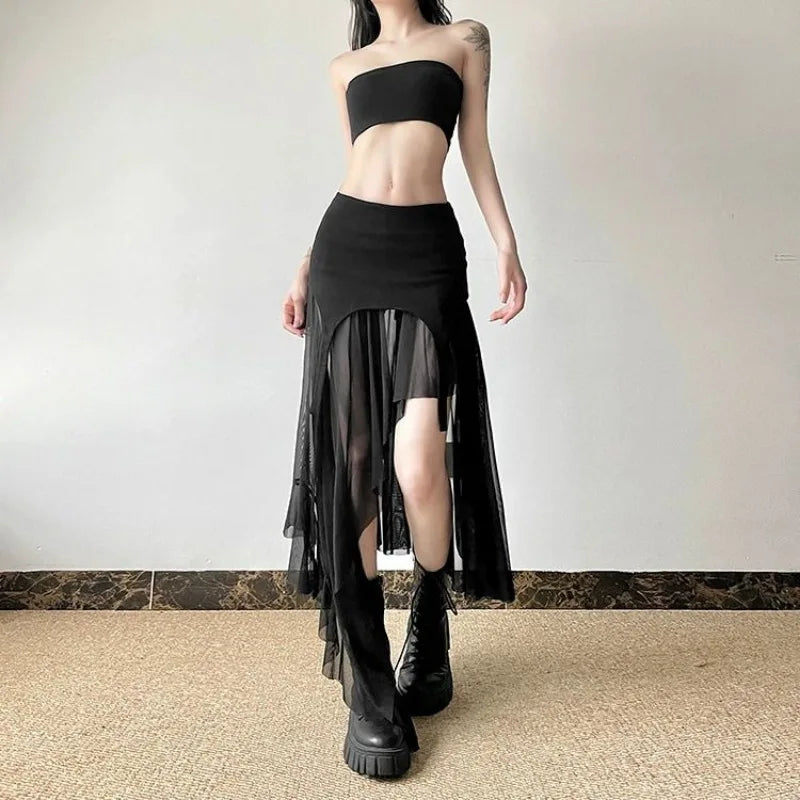 High-Waisted Irregular Mesh Skirt for Women - Ruffled, Slim Fit