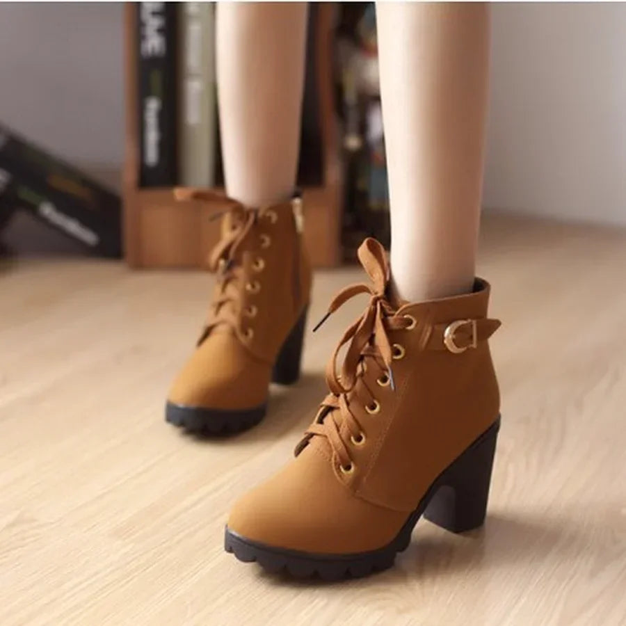 Strappy Short High Heeled Lace Up Boots for Women