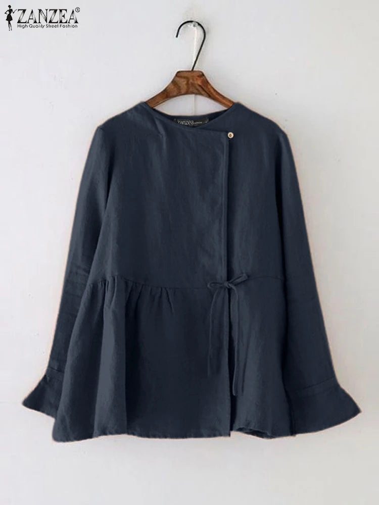 ZANZEA Vintage Women’s Long Flare Sleeve Cotton Blouse