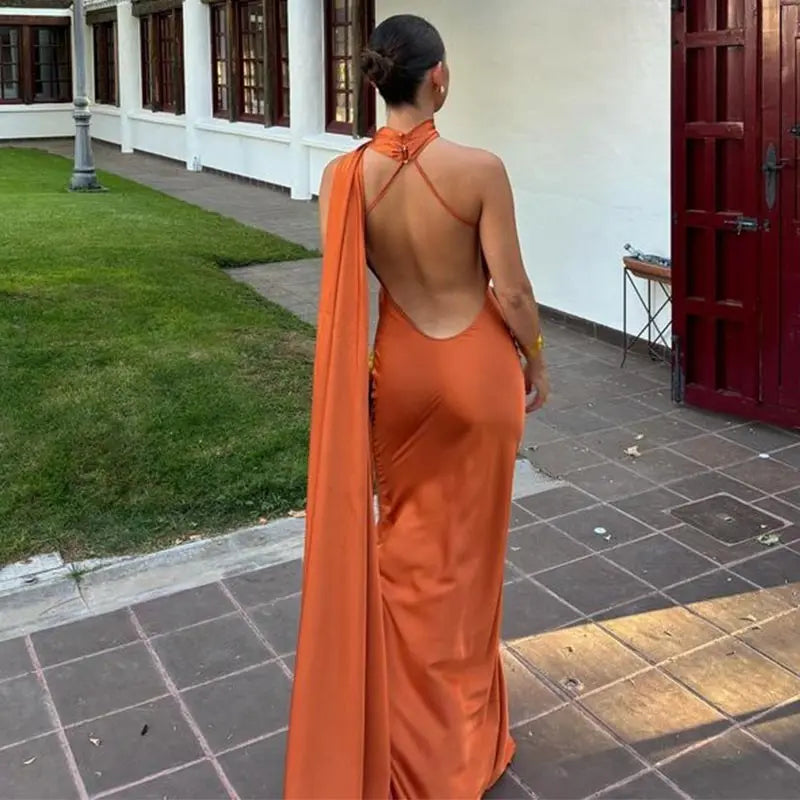 Elegant Backless Long Satin Halter Neck Dress for Women