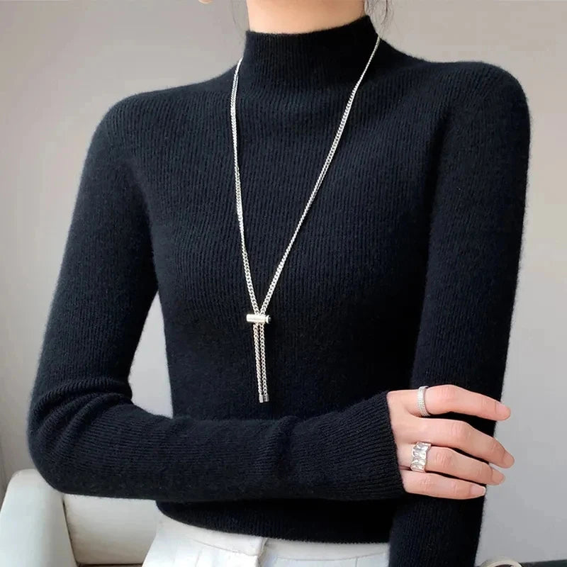 Ribbed Neck Sweater for Women - Fitted Knitted Pullovers