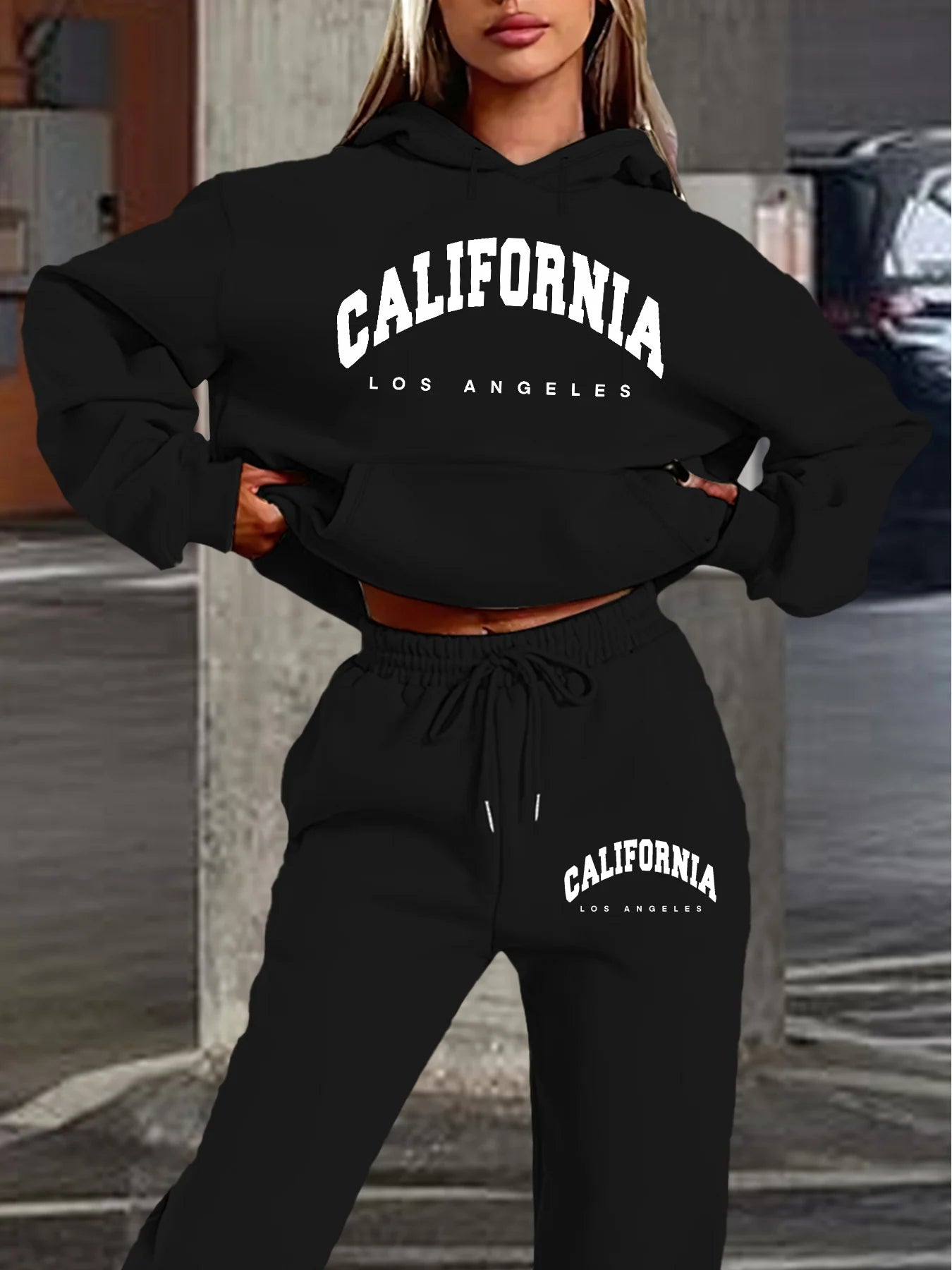 Women's Casual California Los Angeles Letter Print Hoodie and Drawstring Jogger Set