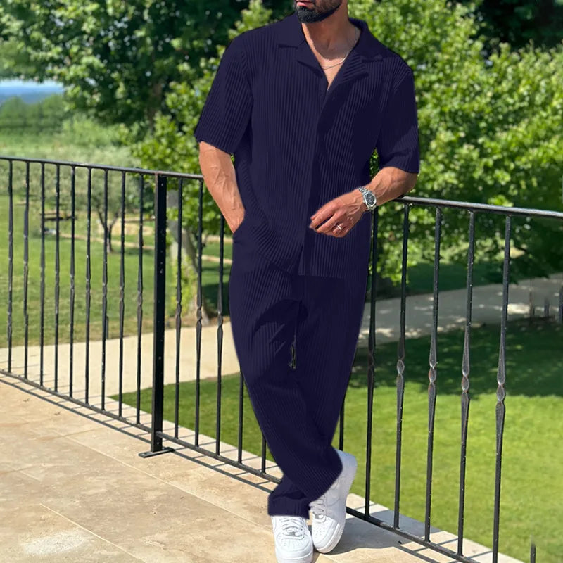 Men's Casual Two-Piece Set - Loose Fit Button-Open Shirt & Breathable, Lightweight Pants