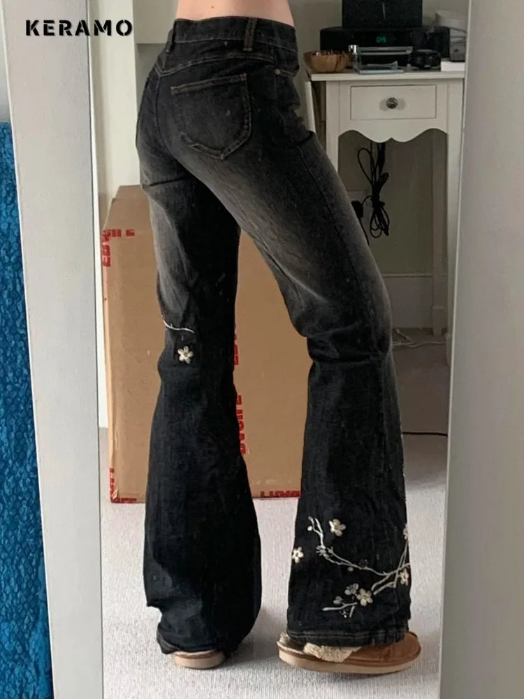 Keramo Women's Plant Embroidery Flare Jeans - Vintage Denim Trousers for Women