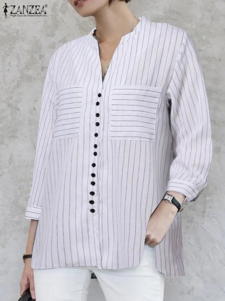 ZANZEA Women's Vintage Striped Blouse - 3/4 Sleeve Loose-Fitting Button-Up Shirt