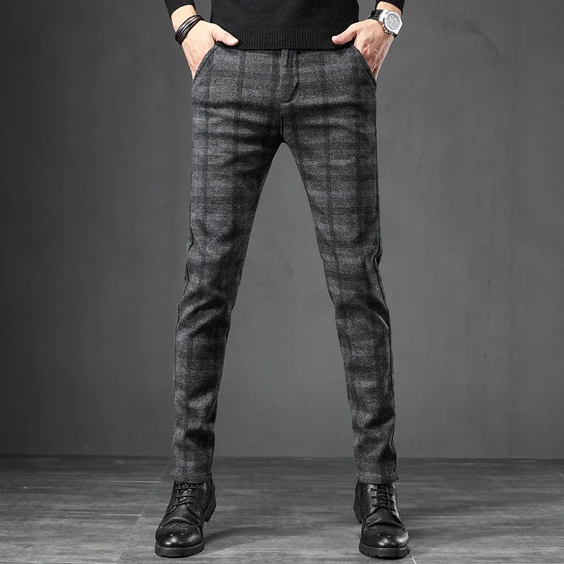 Men's Slim Fit Elastic Waist Brushed Plaid Pants