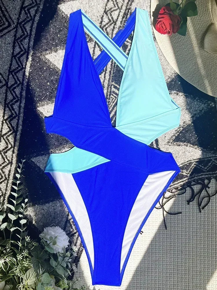 Women's Deep V Neck Cross Backless One-Piece Swimsuit - High Cut, Stylish & Flattering Swimwear