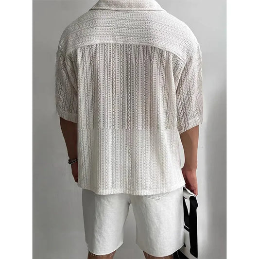 Men's Loose Fit Short-Sleeved Knitted Shirt with Jacquard Collar and Hollow Design