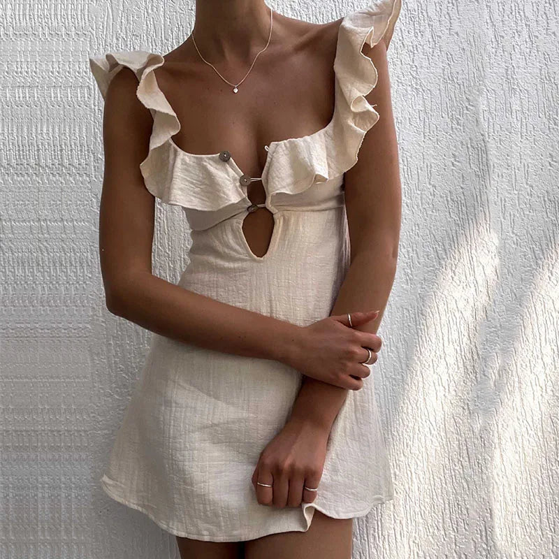 Women's V-Neck Sleeveless Mini Dress with Hollow Out Button Ruffles