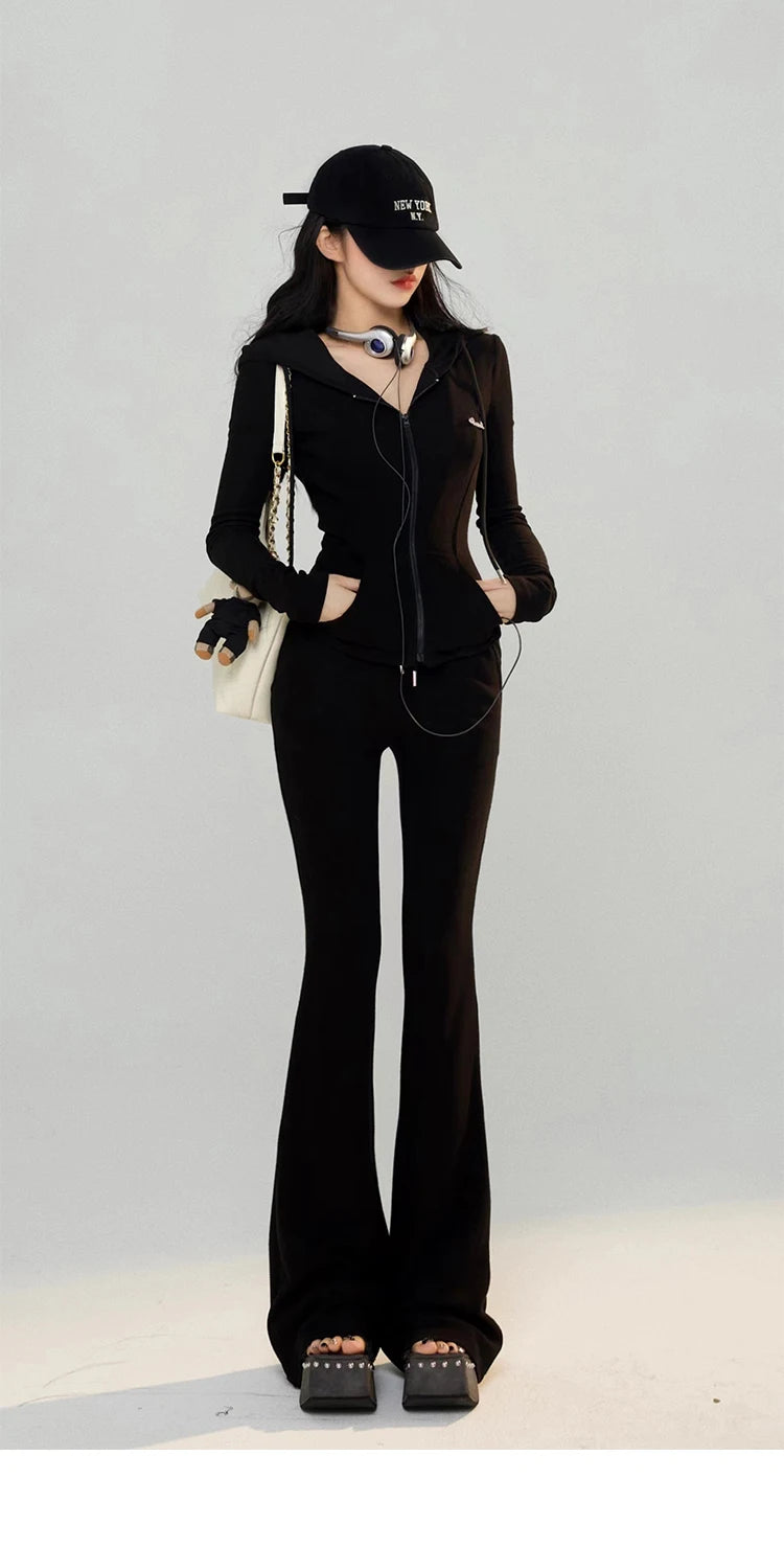 Women's Hooded Zipper Jacket and Drawstring Wide Leg Pants Two-Piece Tracksuit Set