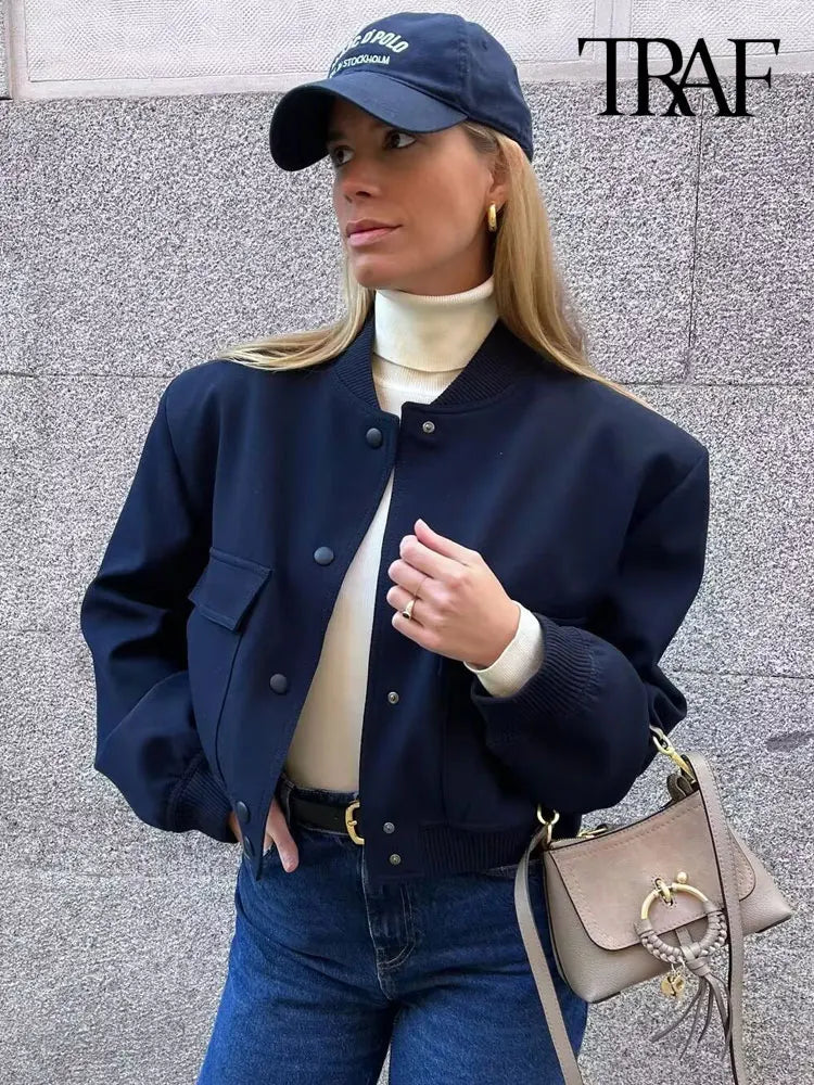 TRAF Long Sleeve Women's Front Button Jacket with Vintage Style and Pockets