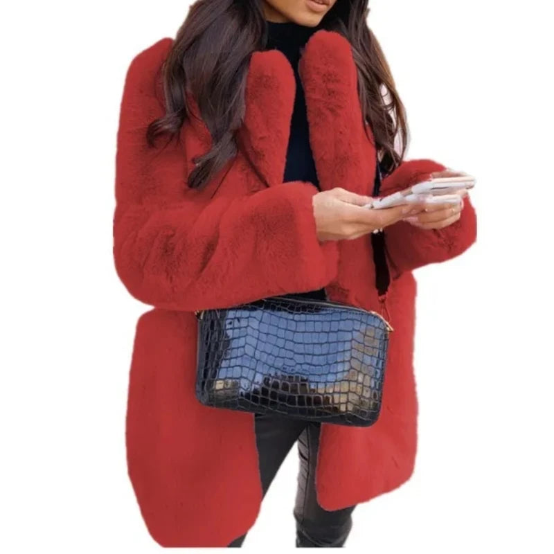 Women's Thick Warm Faux Fur Long Coat Jacket with Woven Block Design