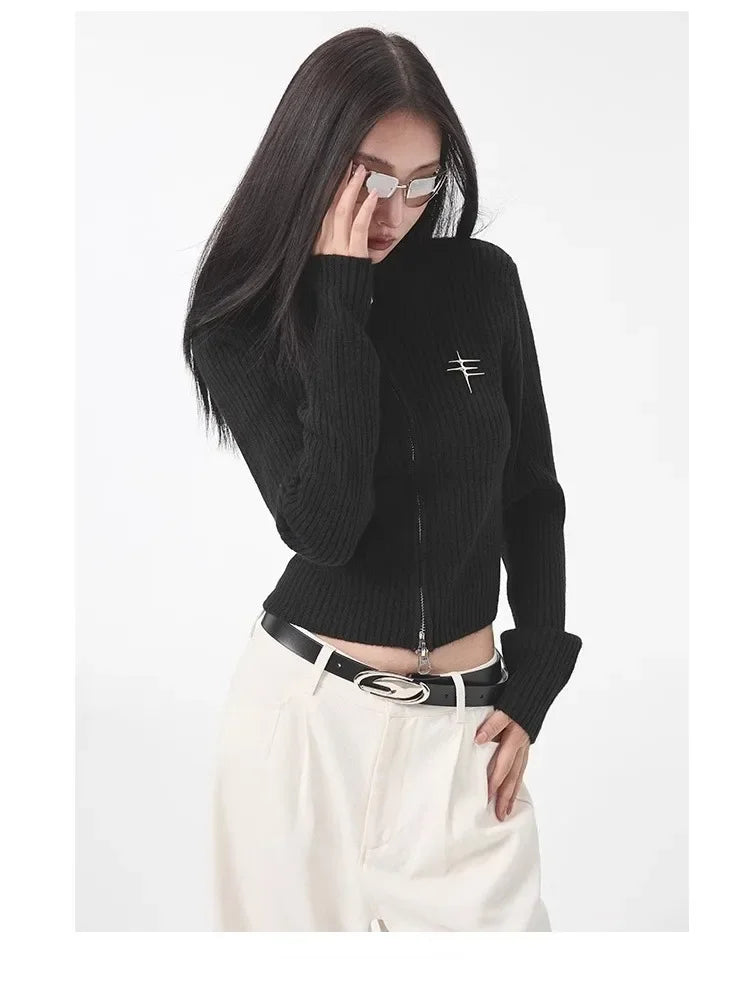 Women's Vintage Zipper Cardigan - Cropped Knit Sweater for Women