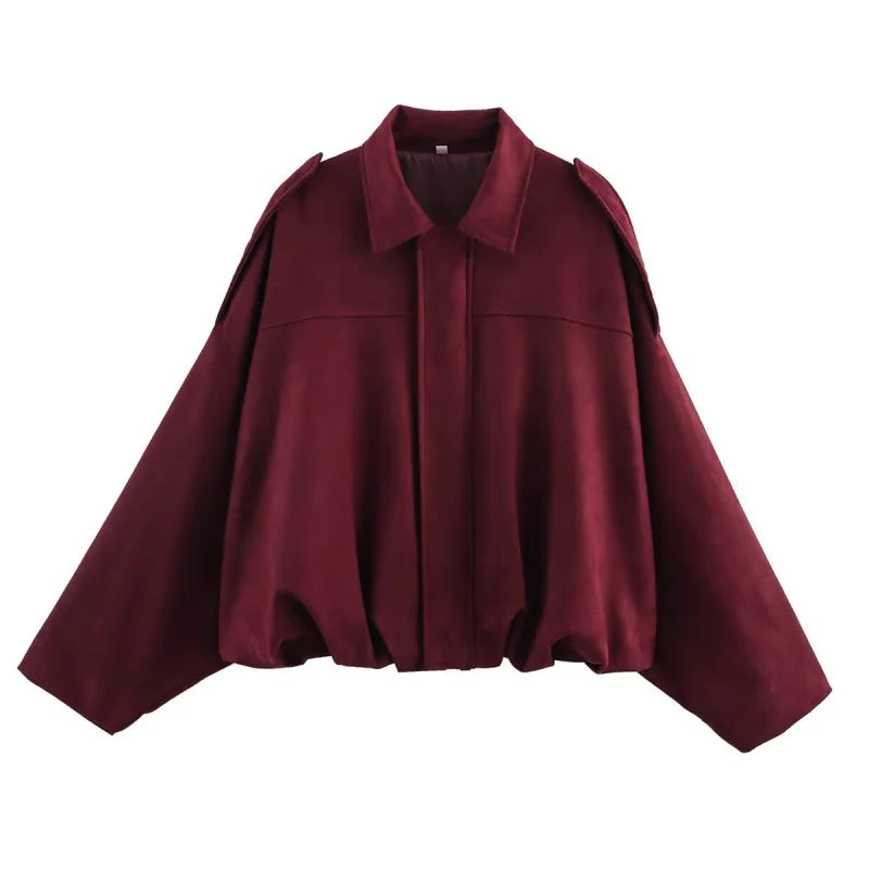 TRAF Womens Faux Suede Bomber Jacket with Loose Lapel