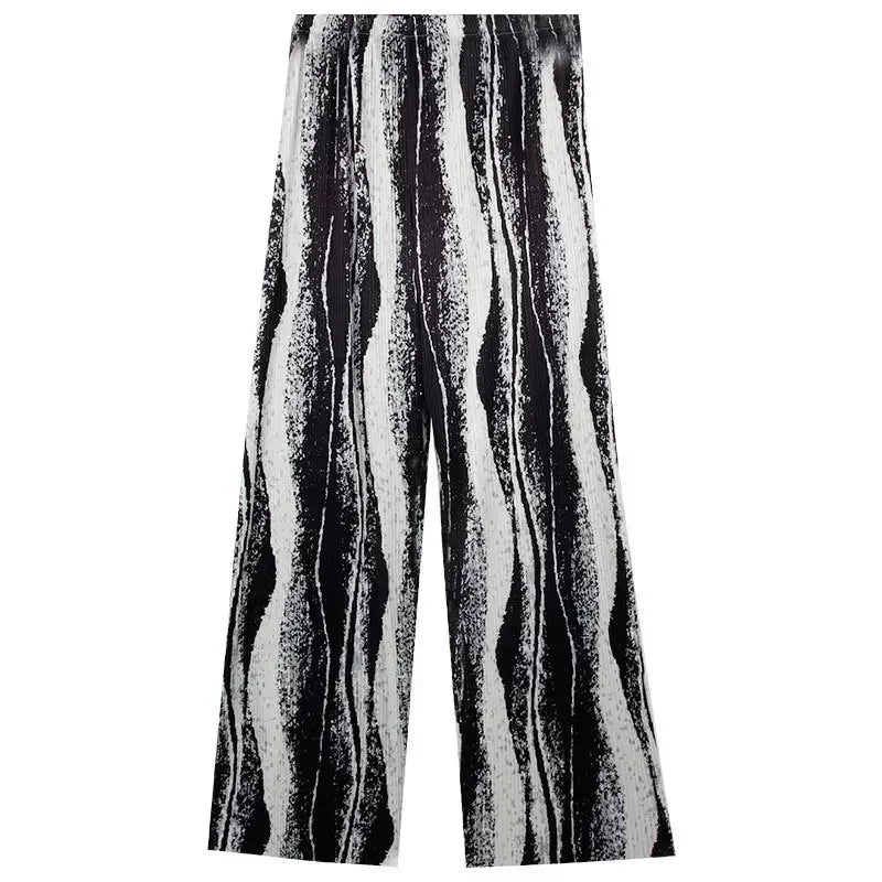 REALEFT Vintage High-Waist Printed Long Pants - Loose Wide Leg Fit- Loose Wide Leg Fit