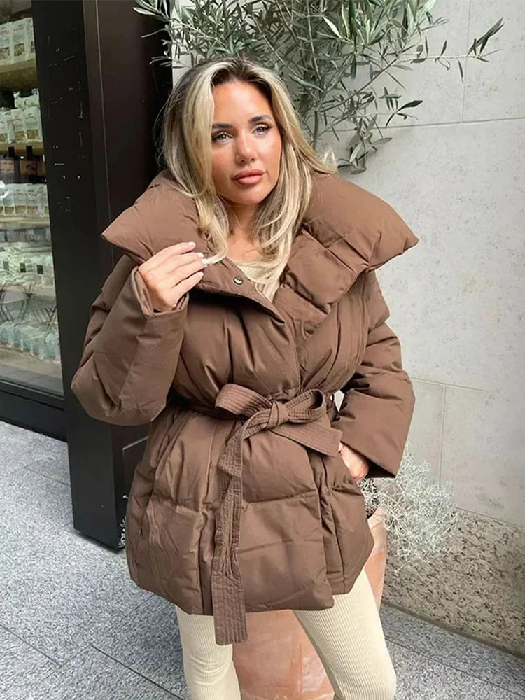 Women's Cotton-Filled Coat with Lapel Tie and Waist Cinching