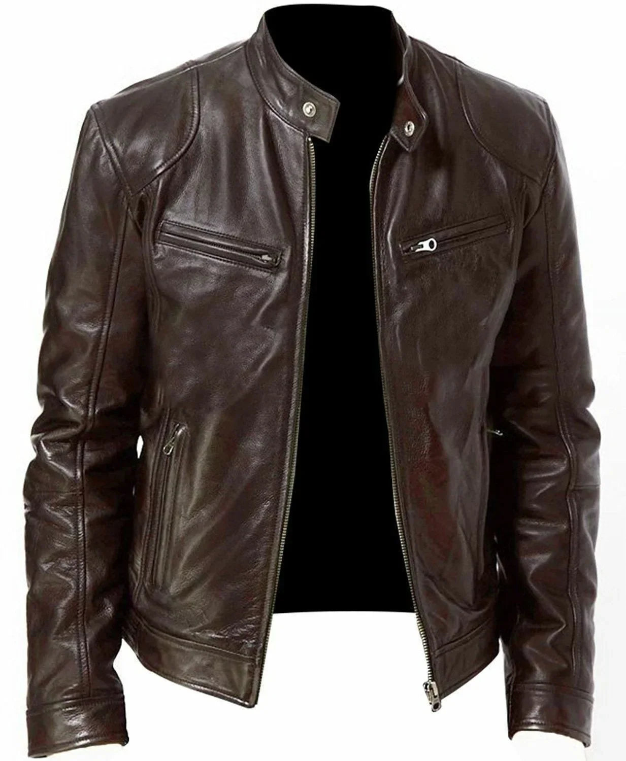 Men's Slim Fit Faux Leather Motorcycle Jacket - Short Lapel PU Coat with Zipper