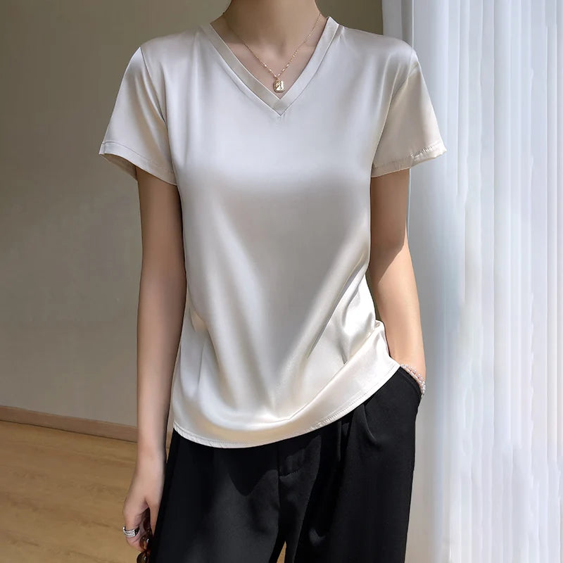 Elegant Women's Satin Silk V-Neck Short Sleeve Blouse
