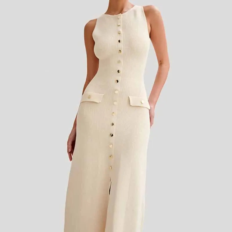 Stylish Women's Long Sleeveless Knitted Dress with Buttons