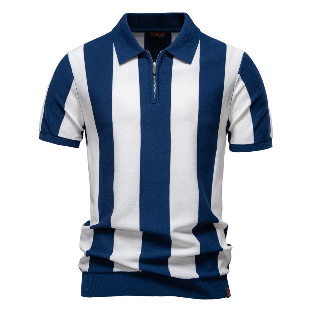Men's Breathable Striped Polo Shirt - Casual Knit T-Shirt with Zipper Closure