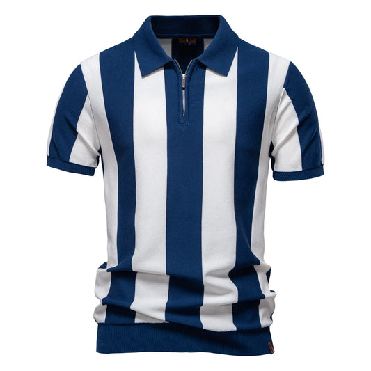 Men's Breathable Striped Polo Shirt - Casual Knit T-Shirt with Zipper Closure