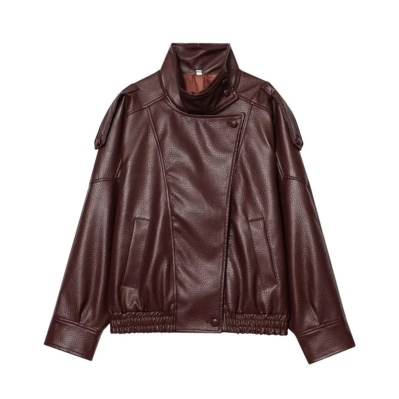 Women's Faux Leather Loose Jacket with Stand Collar and Zipper