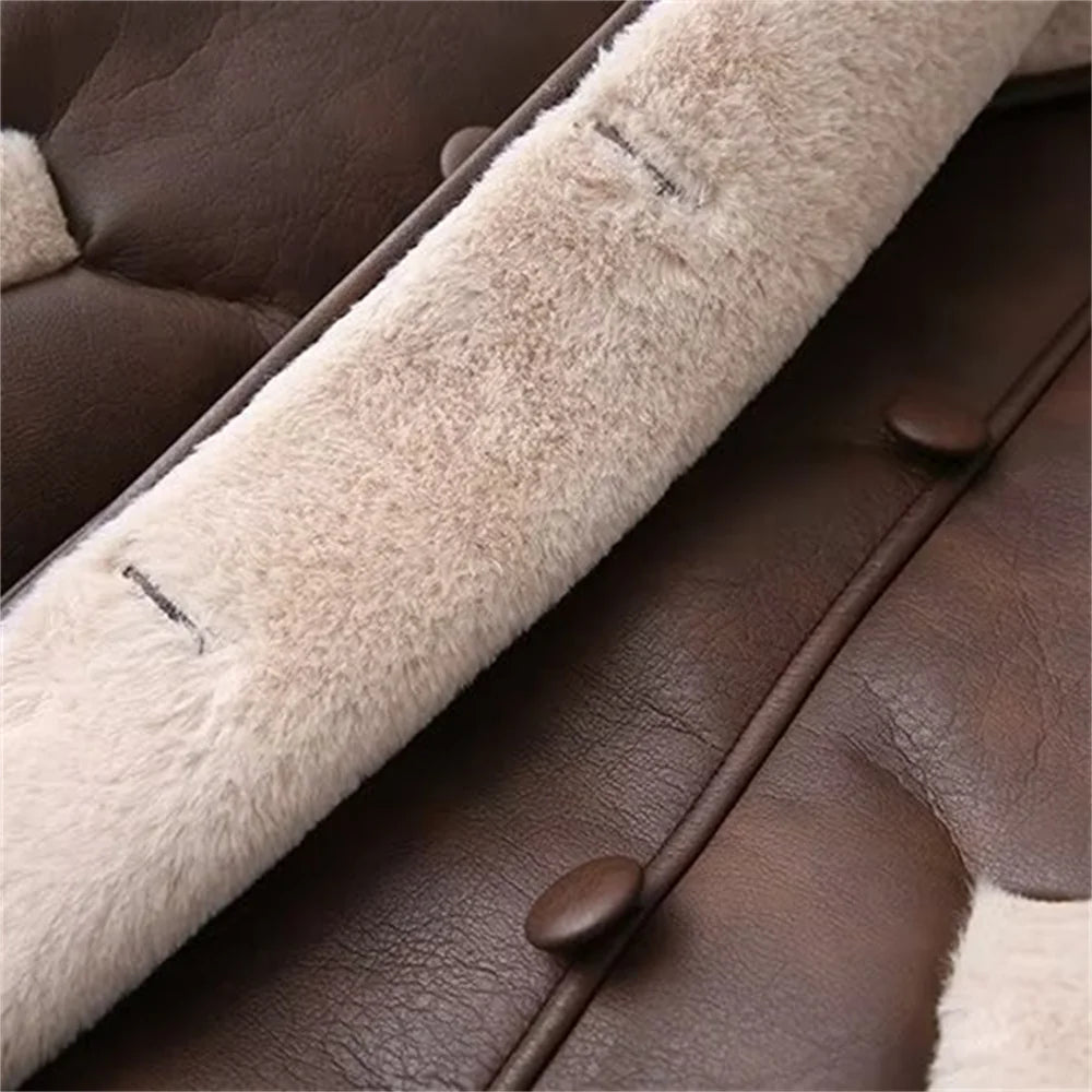 Women's Faux Leather Fleece Collar Jacket with Belt