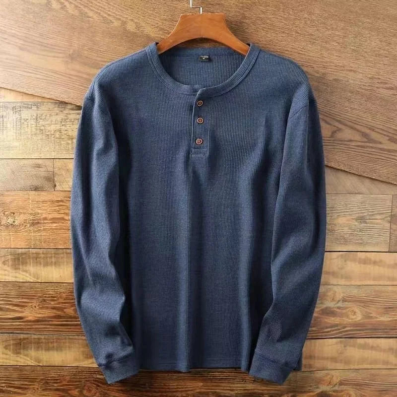 Slim Fit Men's Henley Long Sleeve Shirt – Breathable Cotton, Half Button Design