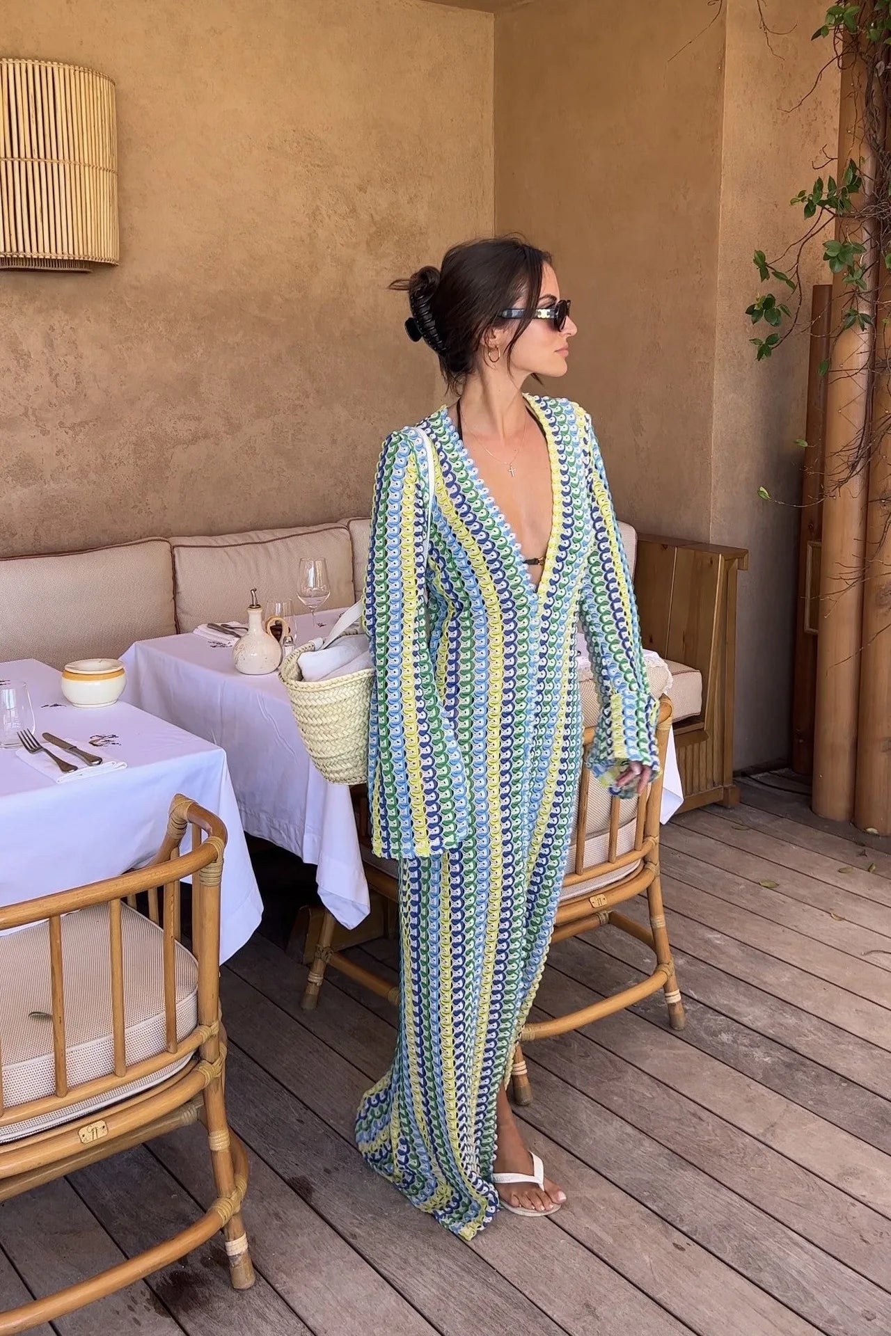 Striped Maxi Dress for Women with Flare Sleeves and High Split