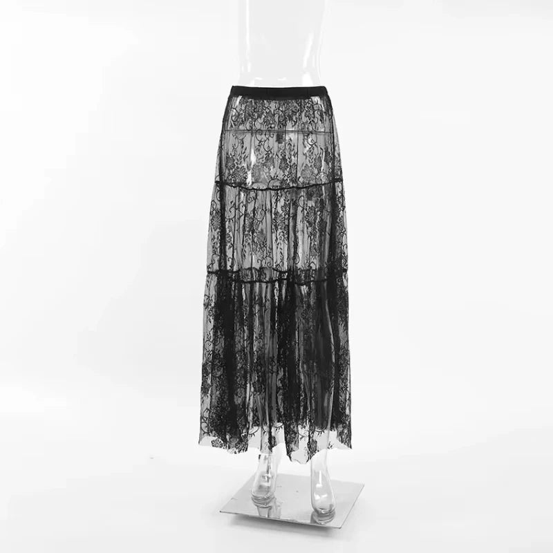 Chic Long Transparent Black Lace Skirt for Women