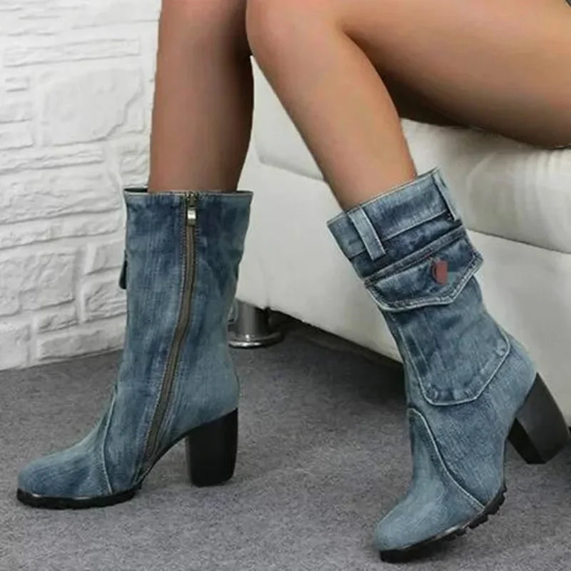 Women's Pointed Denim-Style High Heel Boots