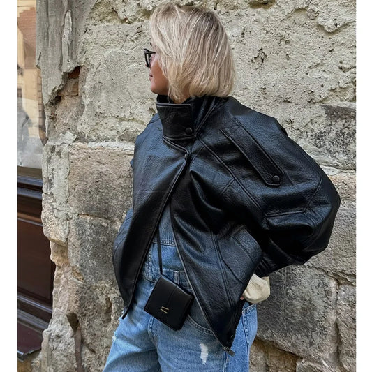 Women's Faux Leather Loose Jacket with Stand Collar and Zipper