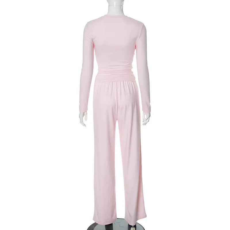 Women's Two-Piece Pleated Casual Sweater Set with Round Neck Long Sleeve Top & High-Waisted Wide Leg Pants