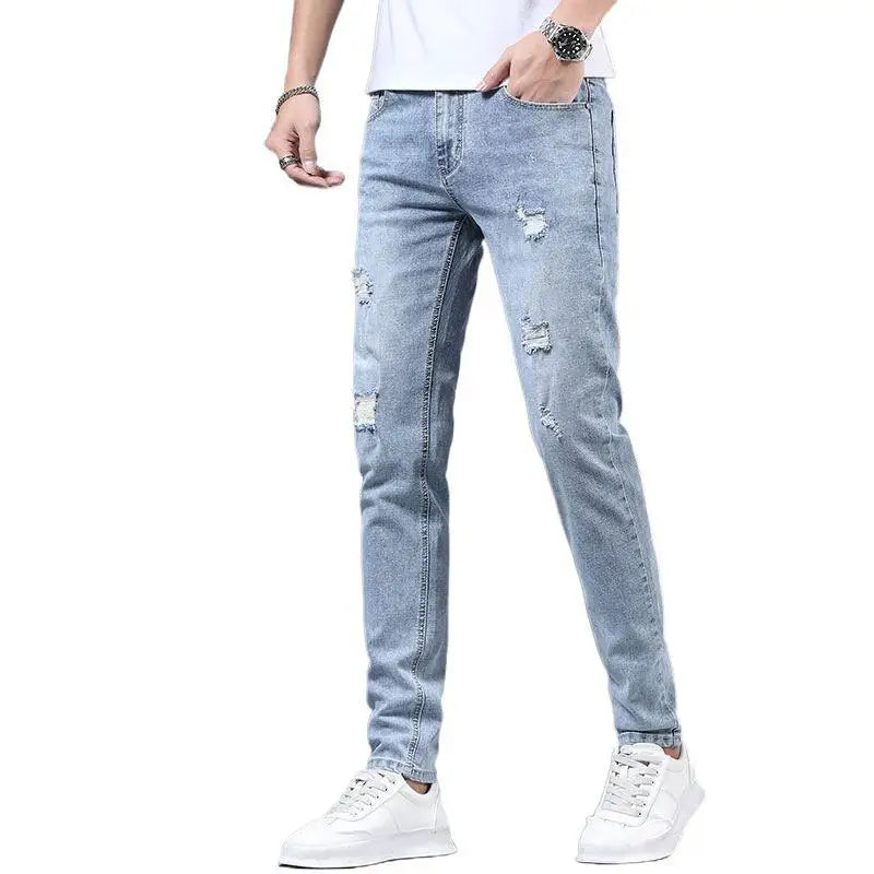 Men's Ripped Slim Fit Stretch Jeans – Straight Leg, Thin Fit Denim Pants for Men