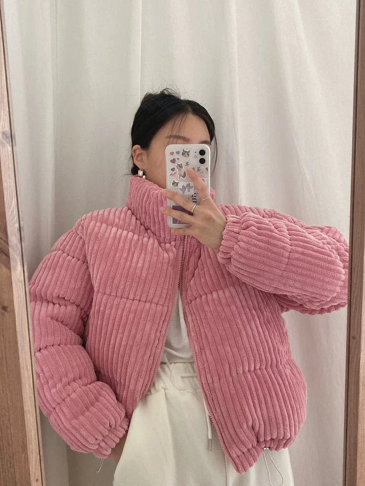 Women's Thick Corduroy Puffy Short Parka with Zipper Closure