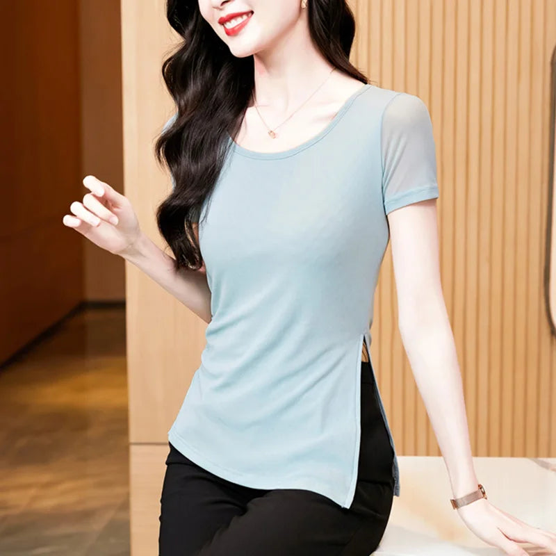 Elegant Slim Fit Women's T-Shirt with Side Split