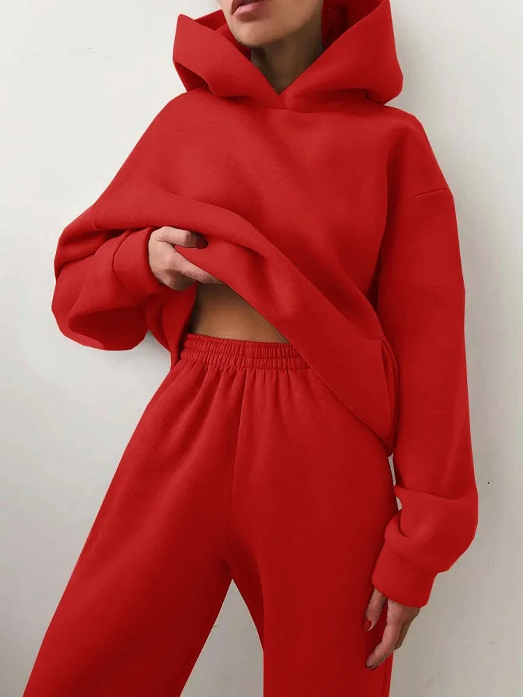 Women's Thickened Long-Sleeve Hoodie and Drawstring Pants Set