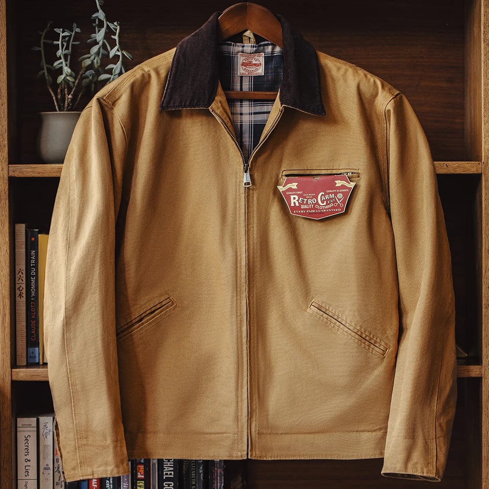 Men's Retro Canvas Jacket with Lapel Collar and Zipper