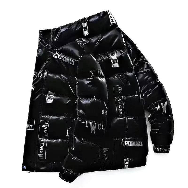 Men's Glossy Thickened Parka Jacket with Stand Collar