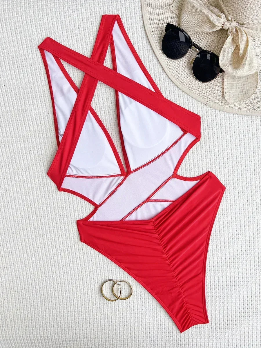 Women's Deep V Neck Cross Backless One-Piece Swimsuit - High Cut, Stylish & Flattering Swimwear