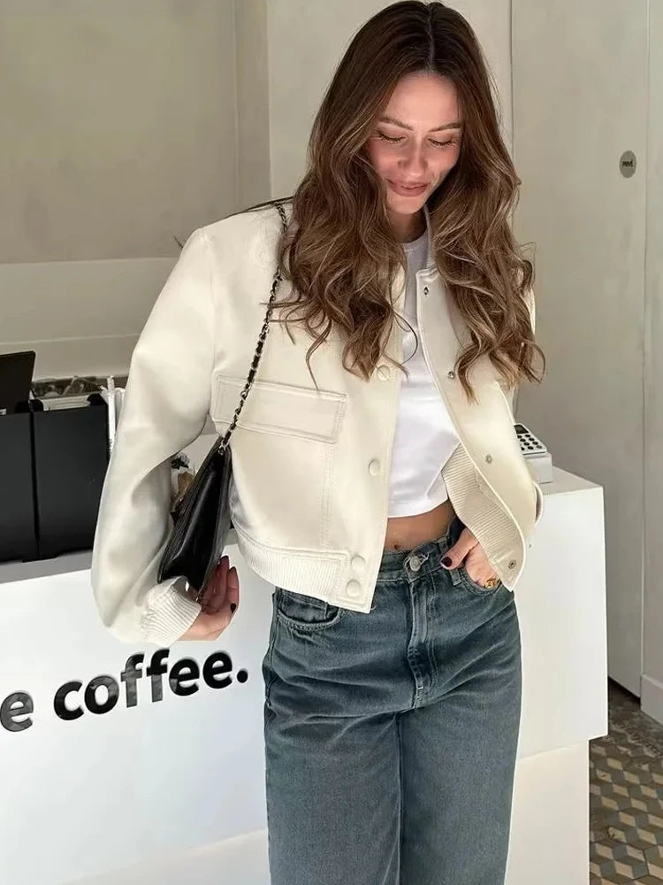 Women's Cropped Bomber Jacket - Button-Up Outerwear with Long Sleeves