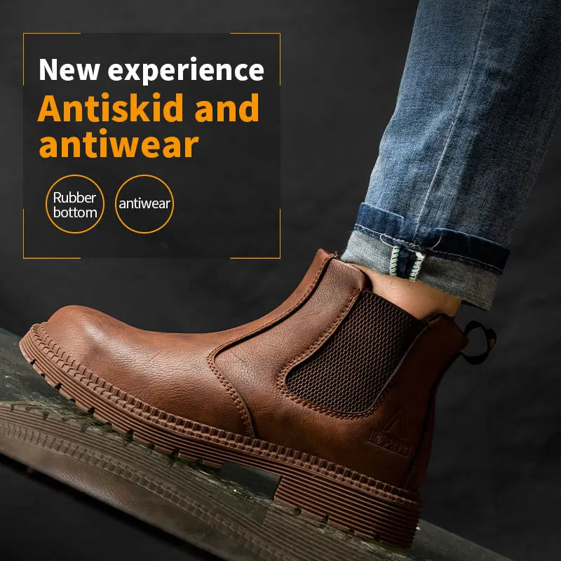 Waterproof Safety Work Shoes for Men - Steel Toe Leather Work Boots with Slip-Resistant Sole