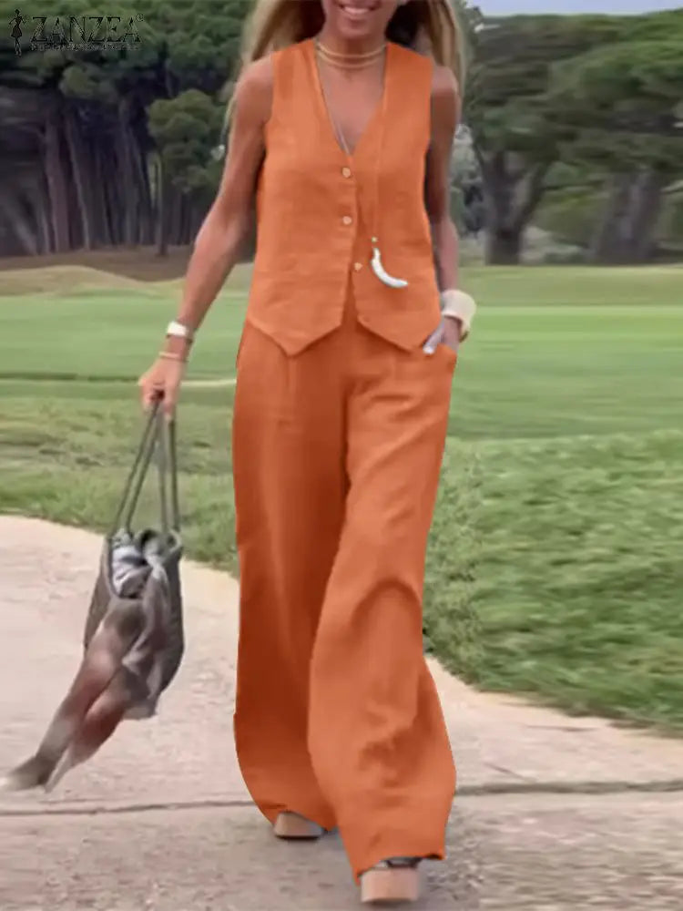 Womens Two Piece Sleeveless Vest Shirt and Trousers - Matching Set