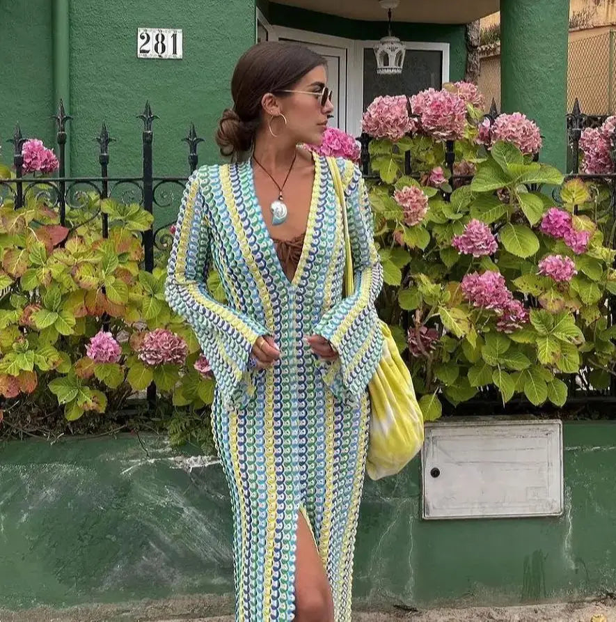 Striped Maxi Dress for Women with Flare Sleeves and High Split