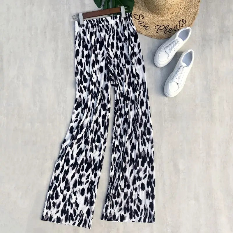 REALEFT Vintage High-Waist Printed Long Pants - Loose Wide Leg Fit- Loose Wide Leg Fit